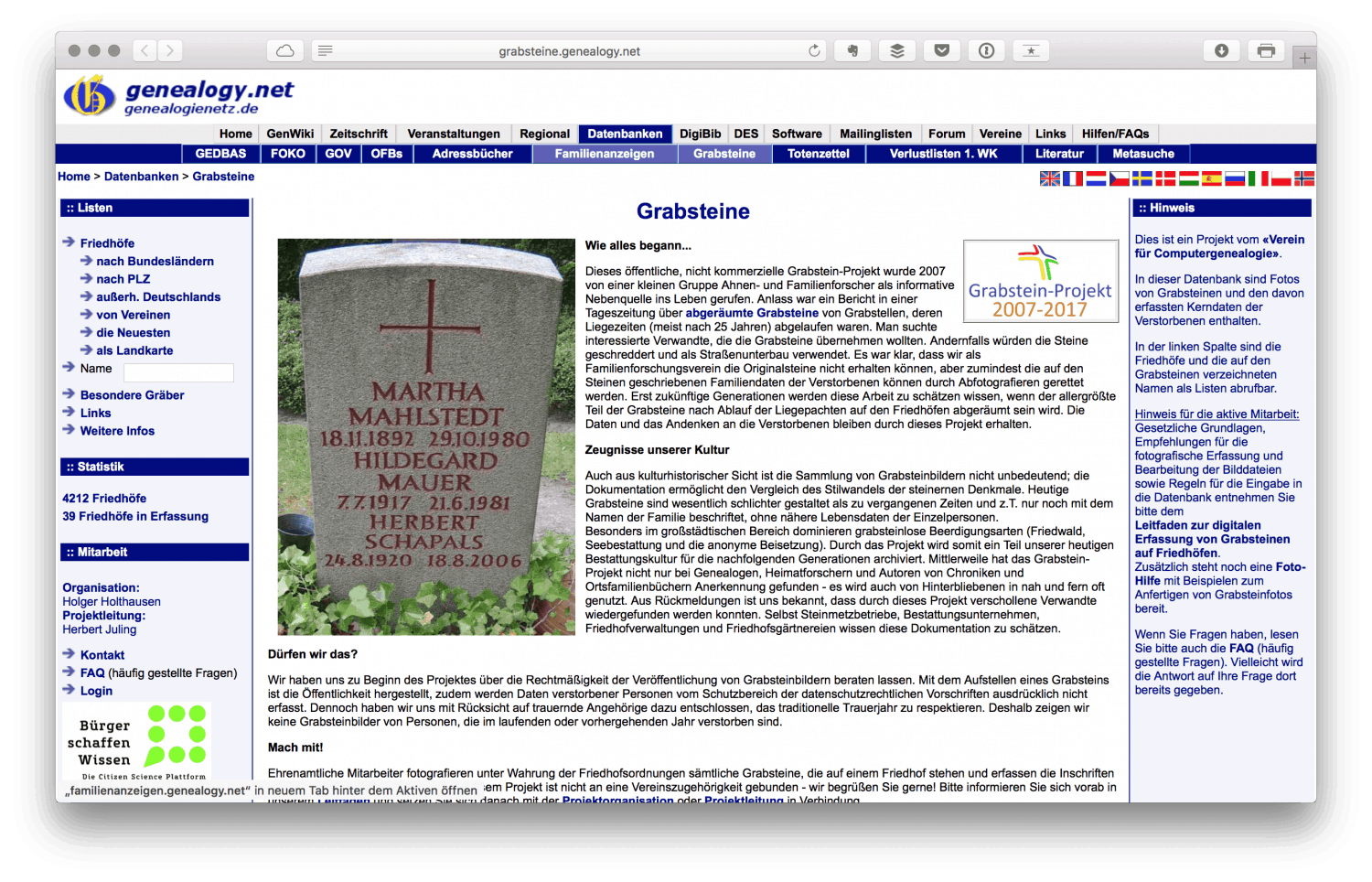 Aktuelles vom GrabsteinProjekt • Verein für Computergenealogie e.V