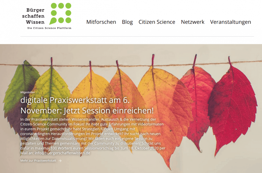 Screenshot der Homepage von Bürger schaffen Wissen - der Citizen Science Plattform