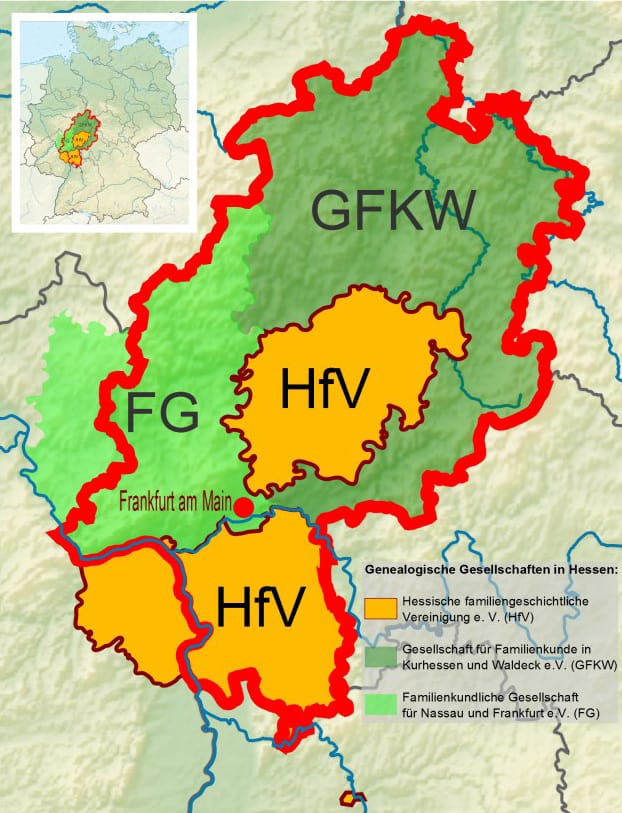 Arbeitsgebiete der der hessischen genealogischen Vereine
