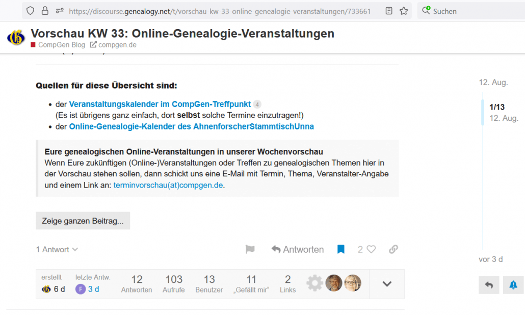 Meinungen und Kommentare zur Vorschau auf die Online-Genealogie-Veranstaltungen