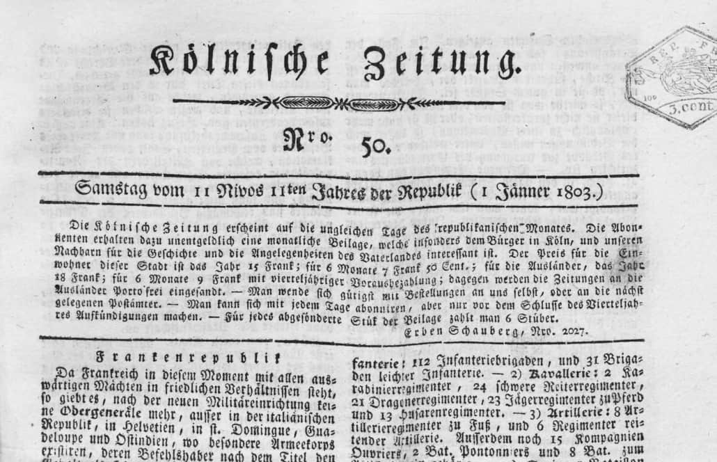 Kölnische Zeitung Nr. 50 vom 1.1.1803