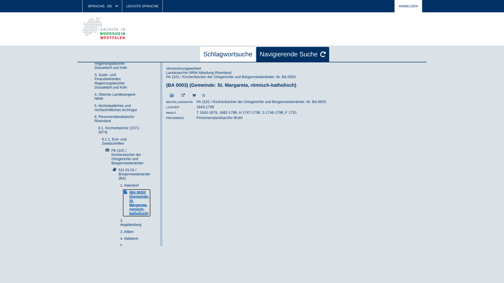Der digitalisierte Bestand PA 1101 mit dem ersten EIntrag BA 0003 für die römisch-katholische Kirchengemeinde St. Margareta in Adendorf auf der Webseite des Landesarchivs NRW