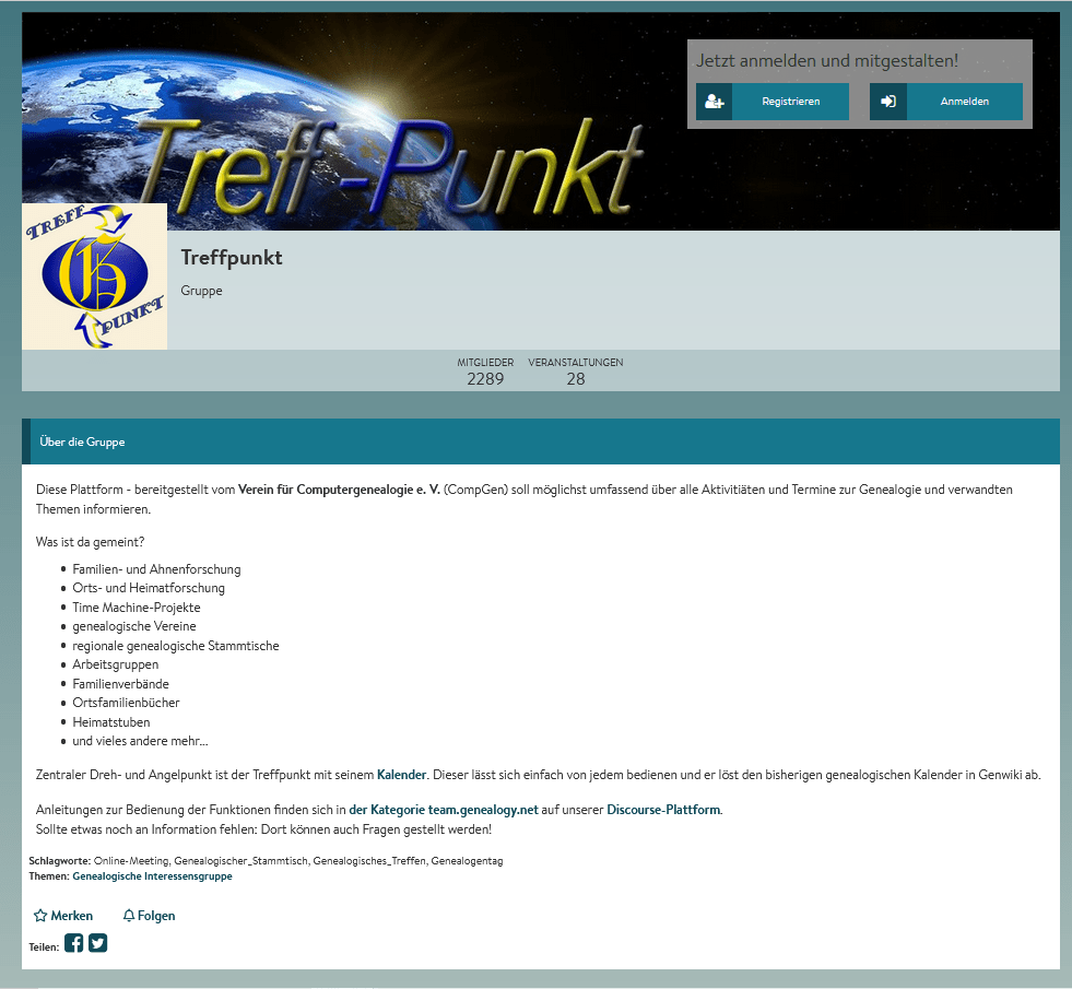 Team-Plattform CompGen-Treffpunkt -auch mit Kalender für Online-Genealogie-Veranstaltungen