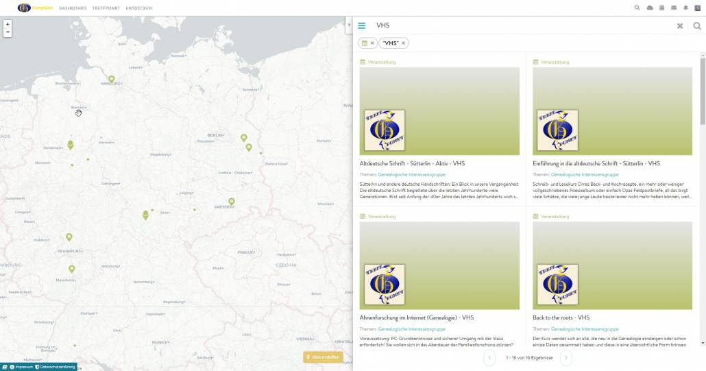 In der Karte sind die Orte gekennzeichnet, an denen Volkshochschulen Kurse zu Familien- und Ahnenforschung anbieten