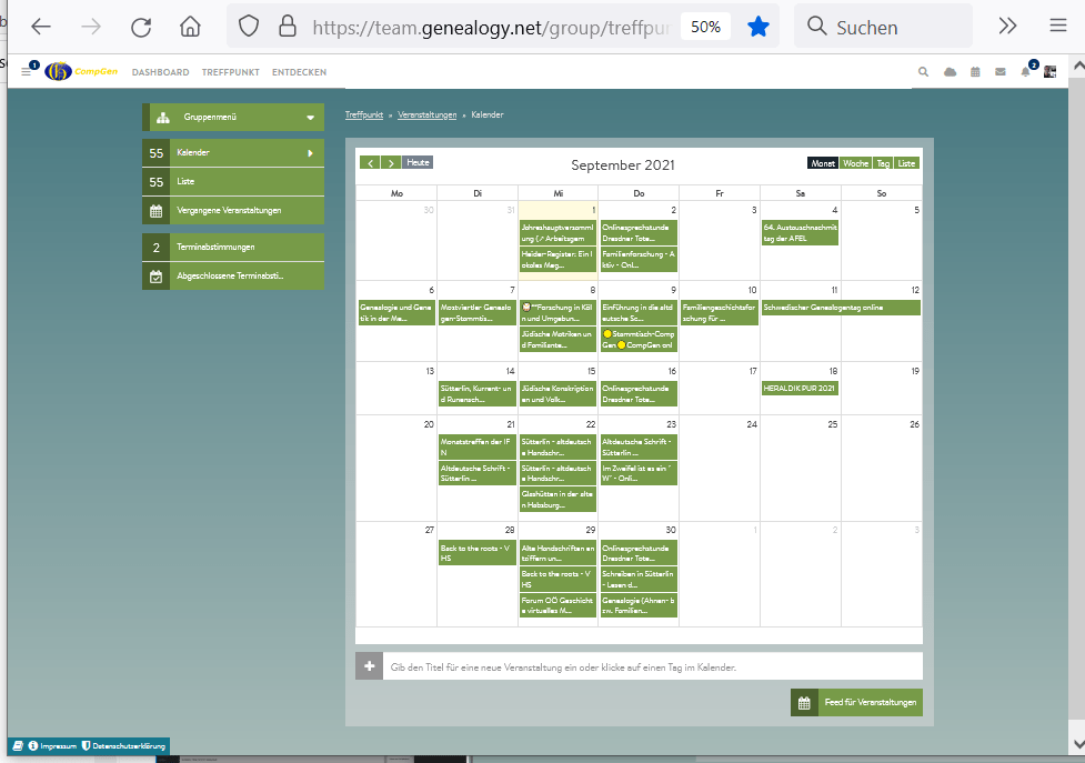 Der CompGen-Kalender im TreffPunkt mit den Veranstaltungen für September