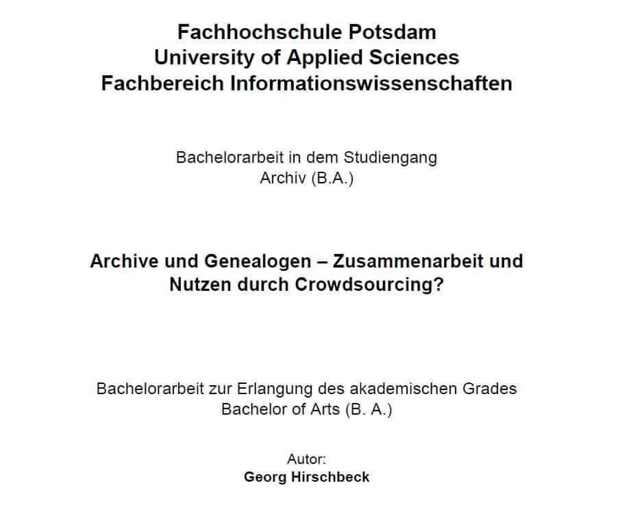 Titelseite der Bachelorarbeit von Georg Hirschbeck: Archive und Genealogen - Zusammenarbeit und Nutzen durch Crowdsourcing? 