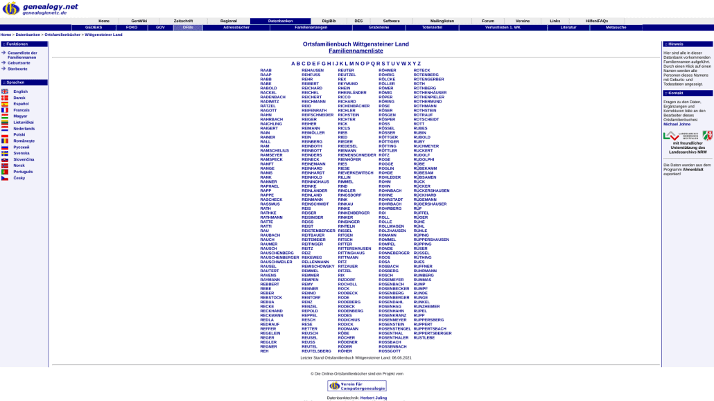 Ansicht einer Familiennamenliste in einem Online-OFB