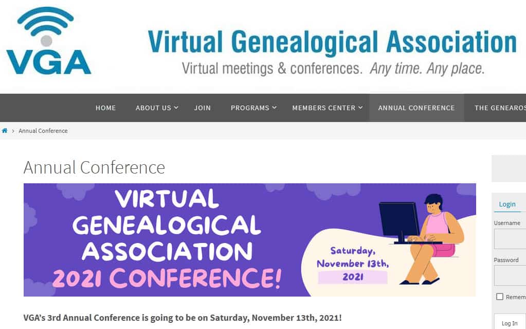 Ankündigung der Jahreskonferenz des Virtuellen Genealogievereins "Virtual Genealogical Association"