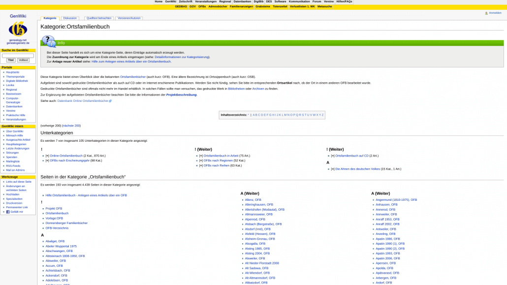 Screenshot der Kategorieseite zu den Ortsfamilienbüchern im Genwiki