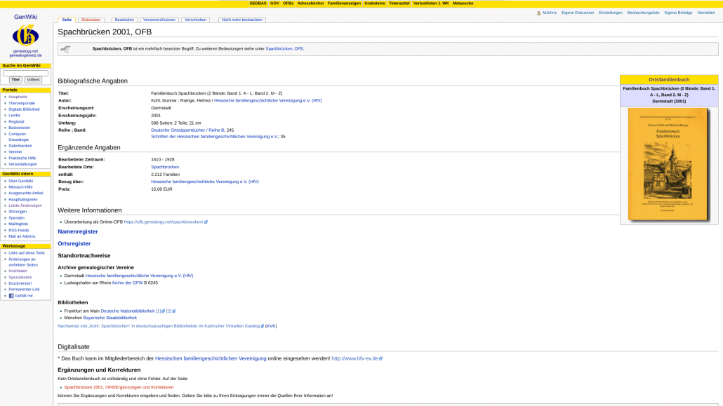 Screenshot der Eintragseite zum Ortsfamilienbuch von Spachbrücken im Genwiki
