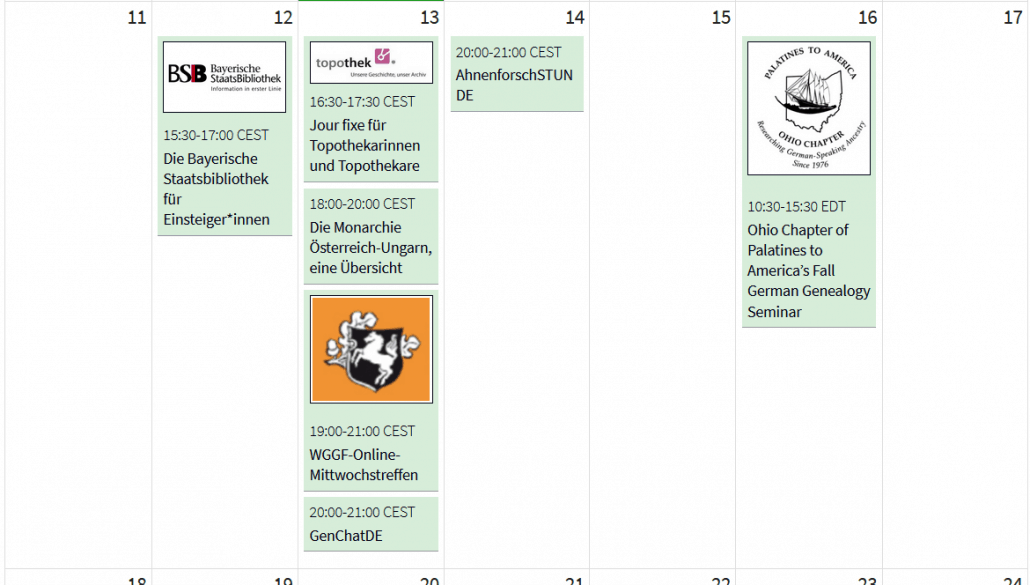 Die Online-Genealogie-Veranstaltungen in der KW 41 im Kalender des AhnenforscherstammtischUnna 