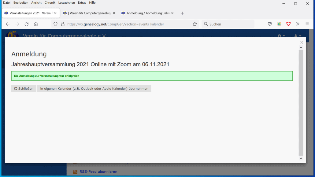 Mitteilung nach erfolgreicher Anmeldung zur CompGen-Jahreshauptversammlung 2021