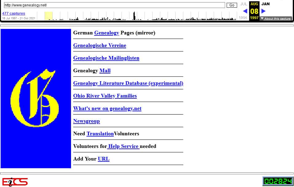 Stand der im Internet Archive gespeicherten Webseite von genealogy.net am 16. Juli 1997 