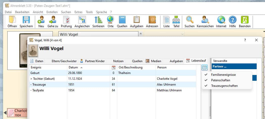 Ahnenblatt-Update Version 3.33 hat Paten- und Zeugenverwaltung