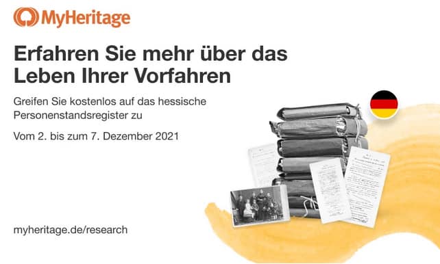 Grafik aus dem MyHeritage-Blog mit Hinweis auf den kostenlosen Zugang zu den hessischen Personenstandsregistern