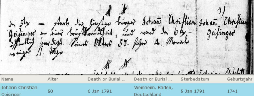 Sterbeeintrag Geisinger im Kirchenbuch Weinheim 1791
