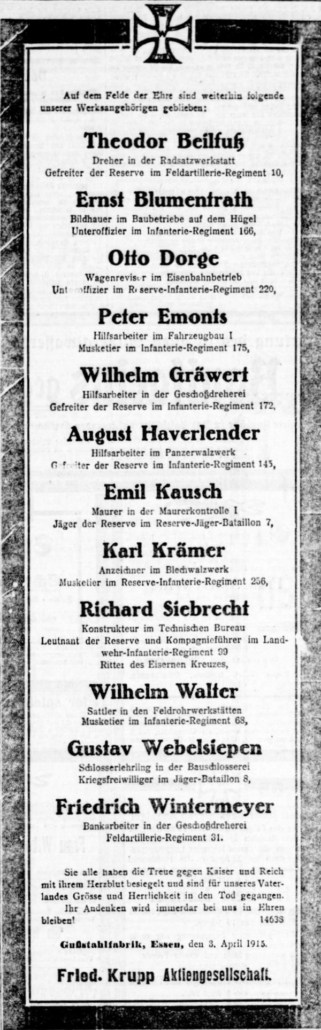 Sammel-Todesanzeigen der Firma Krupp für Kriegstote aus Essen im Ersten Weltkrieg