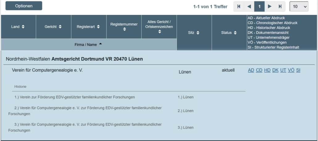 Vereinsregister-Eintrag für den Verein für Computergenealogie e.V. (CompGen)