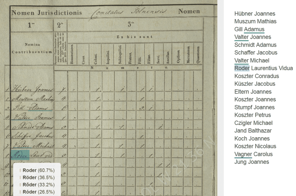 eine Seite des Zensus von Ungarn aus 1828