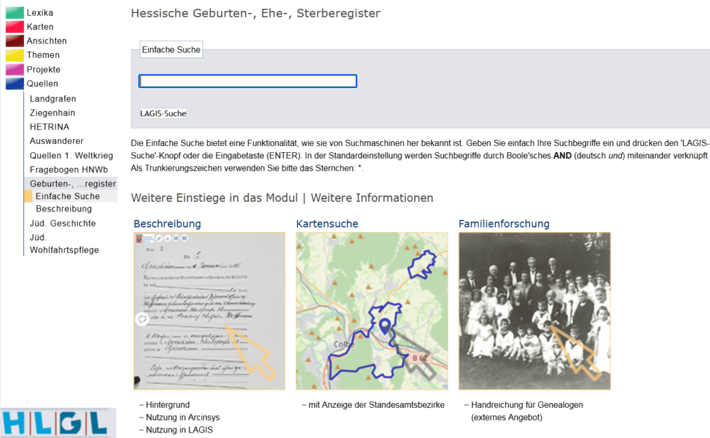 zur Standesamtssuche über die Karte in LAGIS Hessen