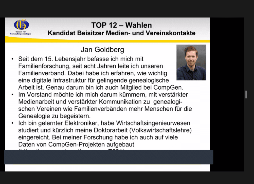 Vorstellung in der MV als CompGen-Vorstandsmitglied Jan Goldberg