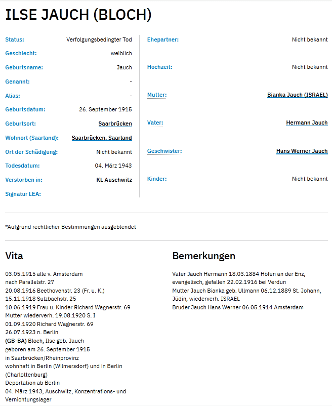 Beispieleintrag im digitalen Gedenkbuch für Juden in Saarbrücken und im Saarland