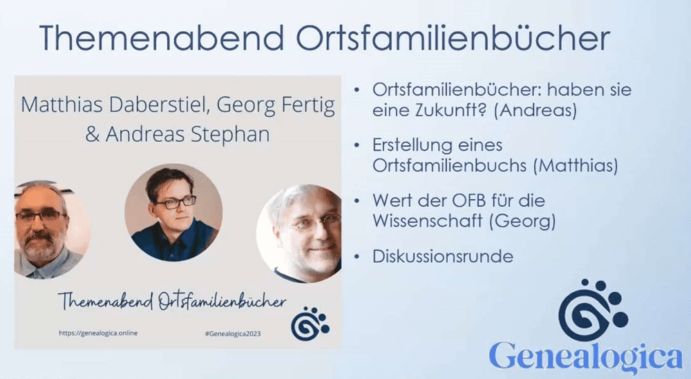 Themenabend Ortsfamilienbücher bei der Genealogica 2023