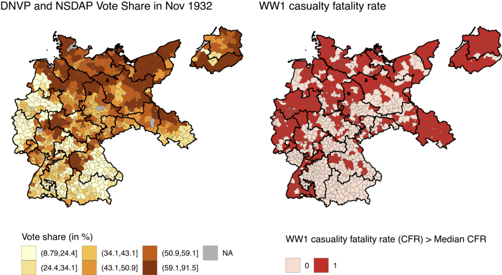 Karte: DNVP und NSDAP-Stimmenanteile