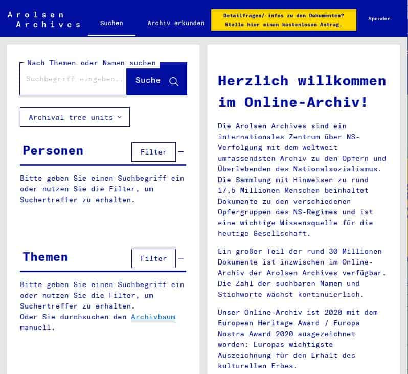Suchmaske für Online-Anfragen der Arolsen Archives
