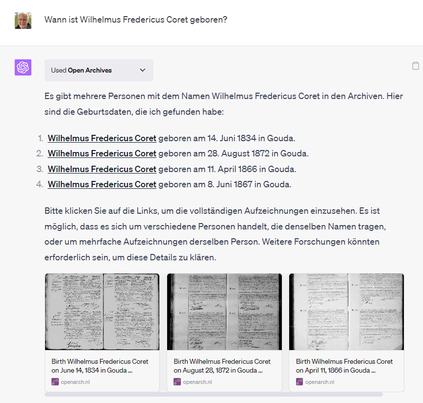 Beispiel für die Nutzung des Plugins "Open Archives" in ChatGPT