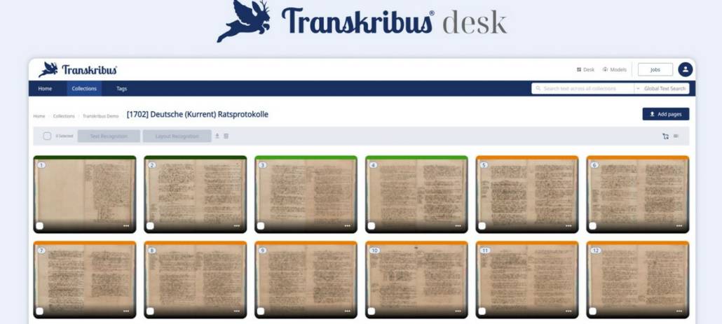 Startpunkt in der Webanwendung ist der Transkribus-Desk