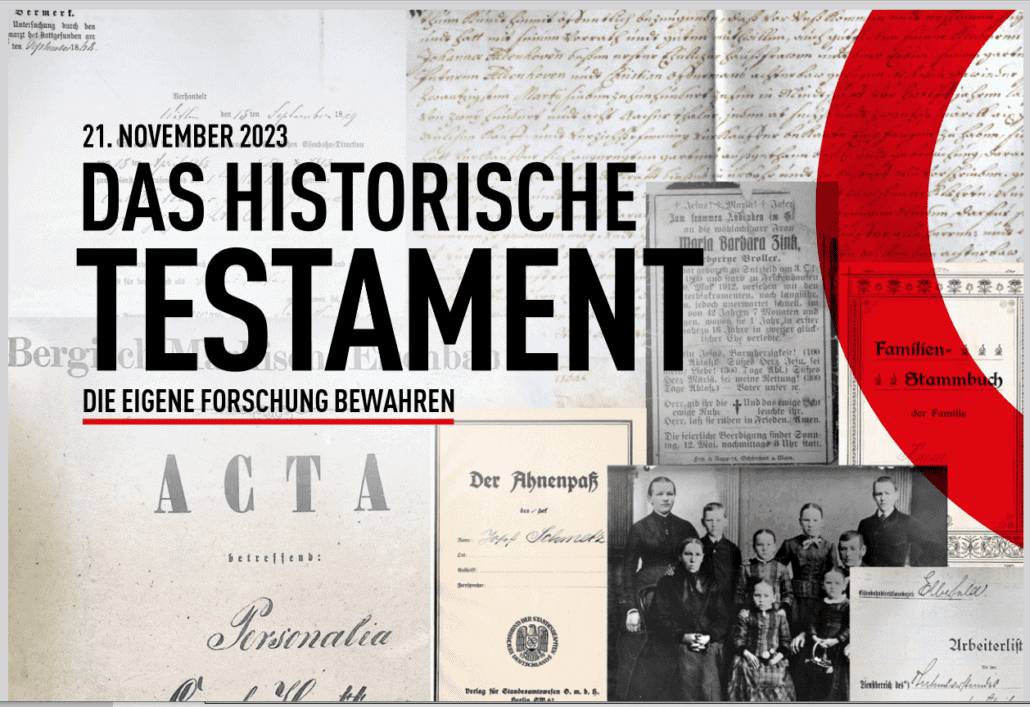 Plakat zur Online-Veranstaltung zum genealogischen Testament am 21. November 2023