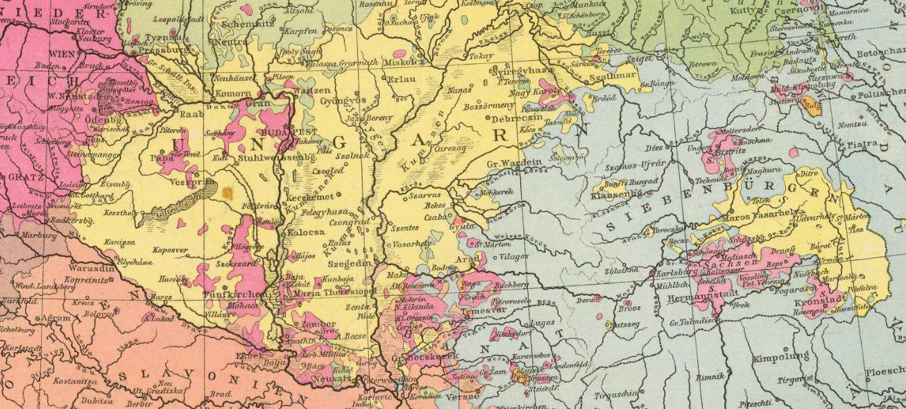 Völkerkarte Ungarn 1881 mit Siebenbürger Sachsen und Donauschwaben