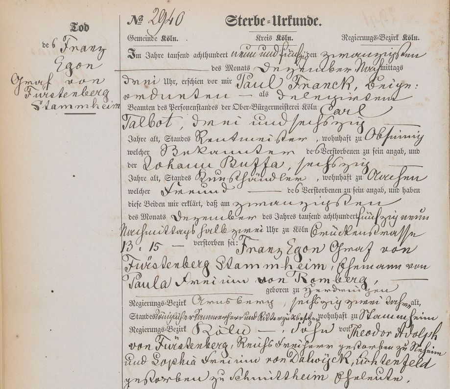 Kölner Sterbeurkunde Nr. 2940 vom 20.12.1859 für Ehrenbürger Franz Egon Graf von Fürstenberg-Stammheim 