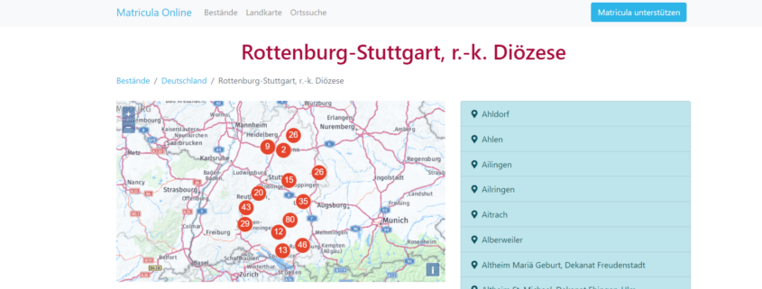 Digitalisierte Kirchenbücher der Diözese Rottenburg (Quelle: Matricula Online)