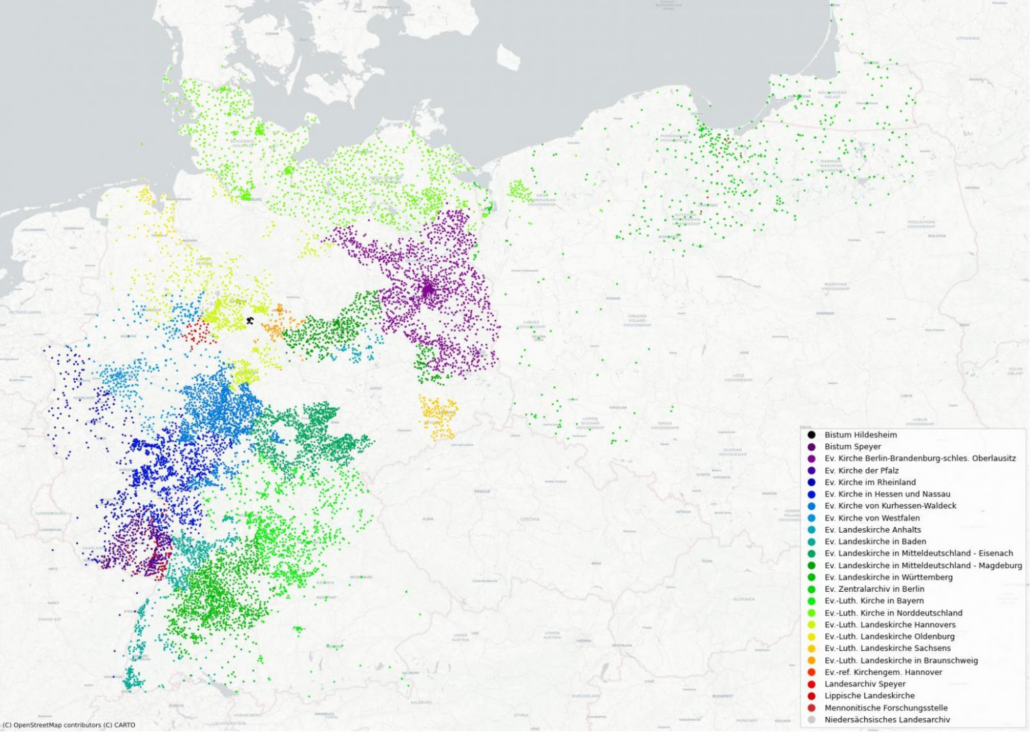 Geografische Verteilung der Kirchenbücher bei Archion