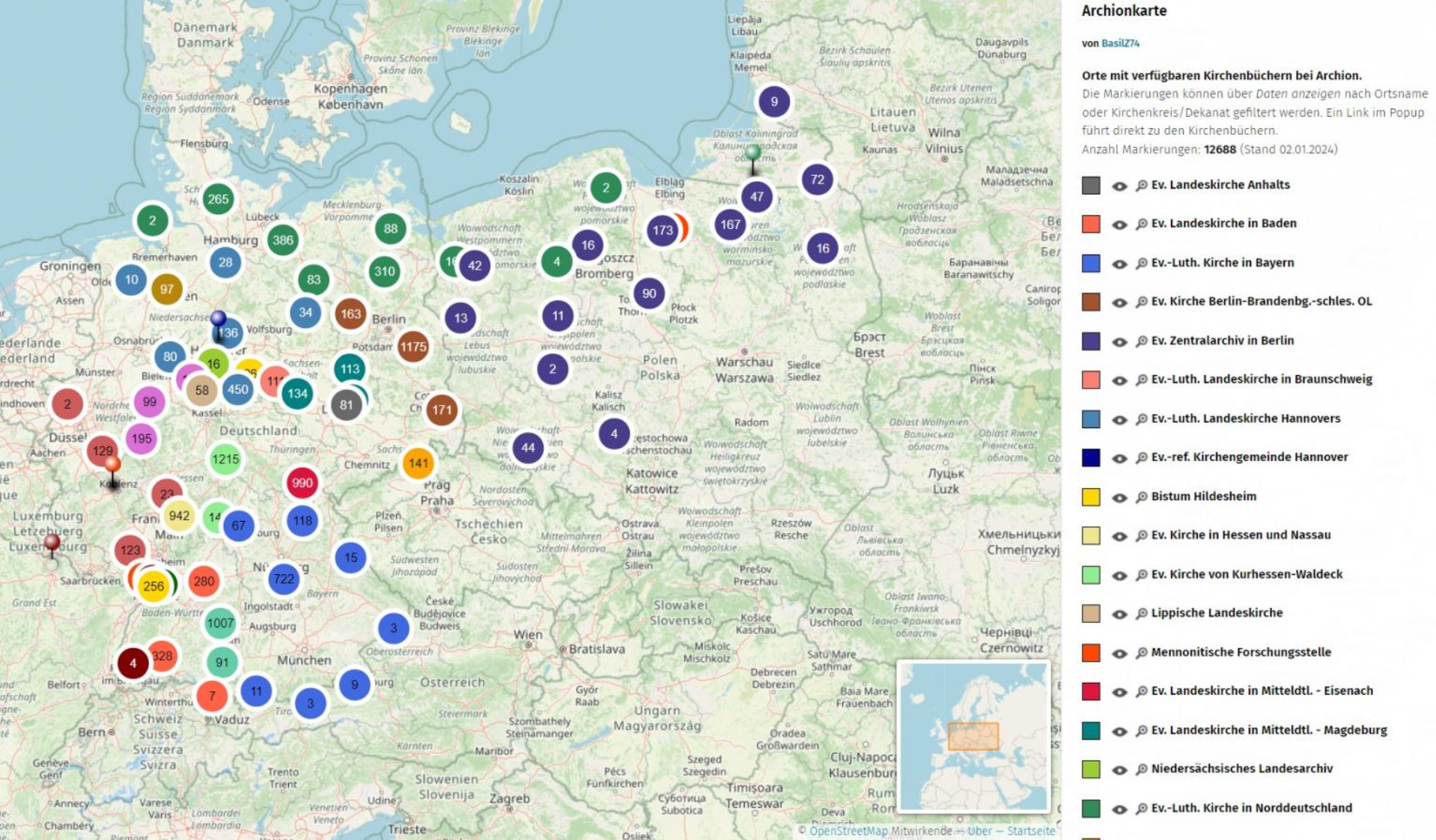 Geografische Verteilung der Kirchenbücher bei Archion