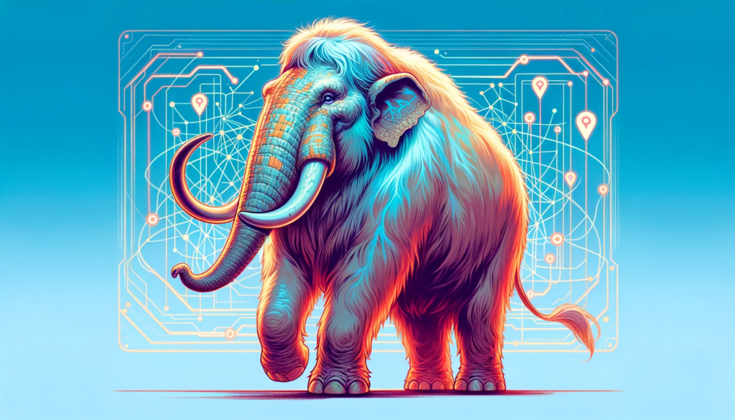 eine Illustration eines Mastodons, der prähistorischen elefantenähnlichen Kreatur, die als digitales Maskottchen für einen Mastodon Social Media Server dargestellt wird.