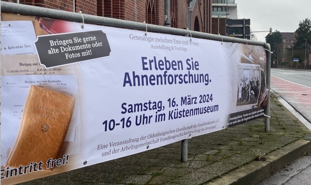 Banner zur Genealogiebörse am 16. März 2024 in Wilhelmshaven