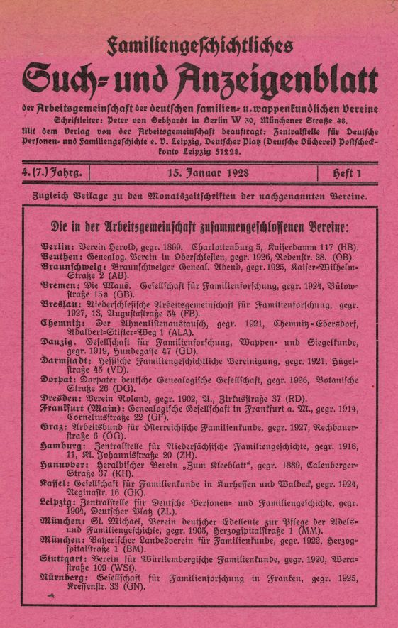 Familiengeschichtliches Such- und Anzeigenblatt der Zentralstelle von 1928