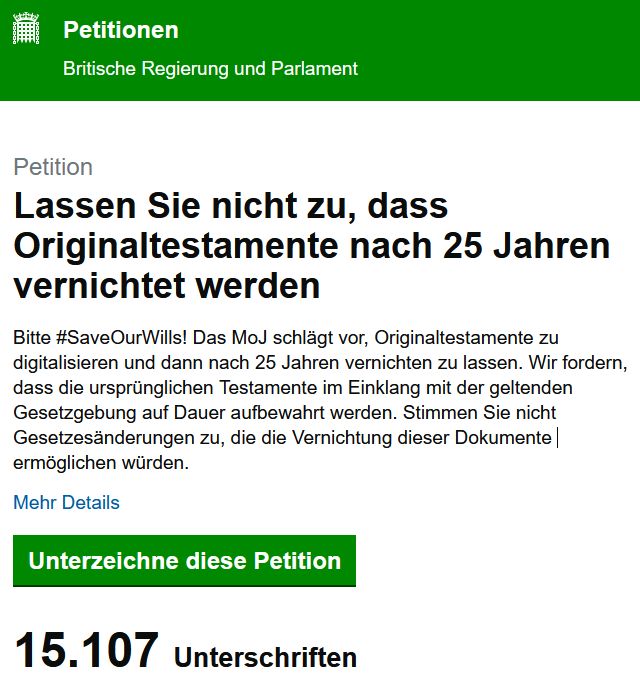 Petition: Testamente digitalisieren aber Originale nicht vernichten