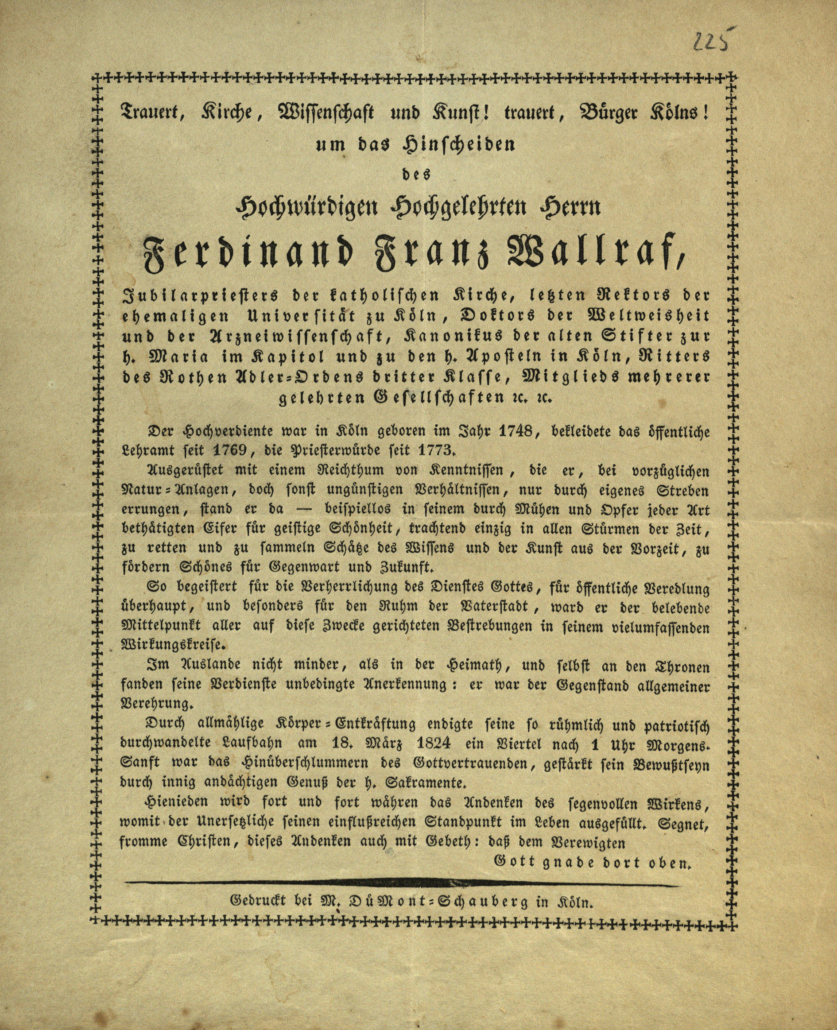 Totenzettel für Ferdinand Franz Wallraf