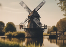 Eine Holländerwindmühle an einem Teich.