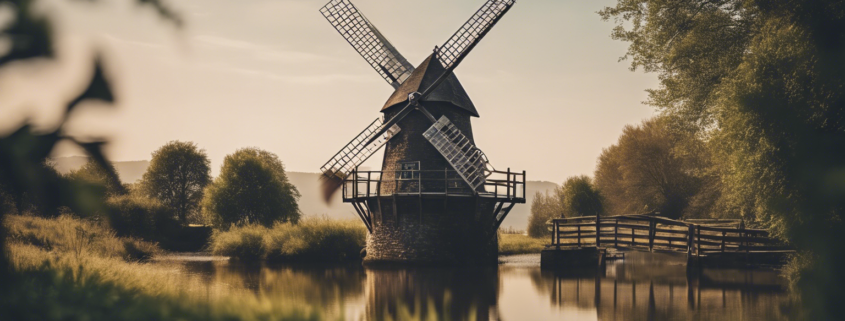 Eine Holländerwindmühle an einem Teich.