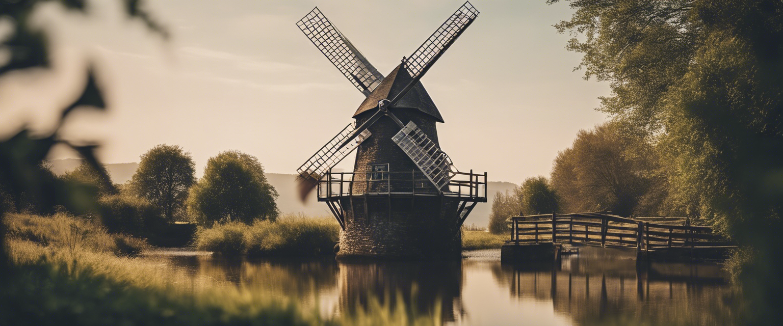 Eine Holländerwindmühle an einem Teich.