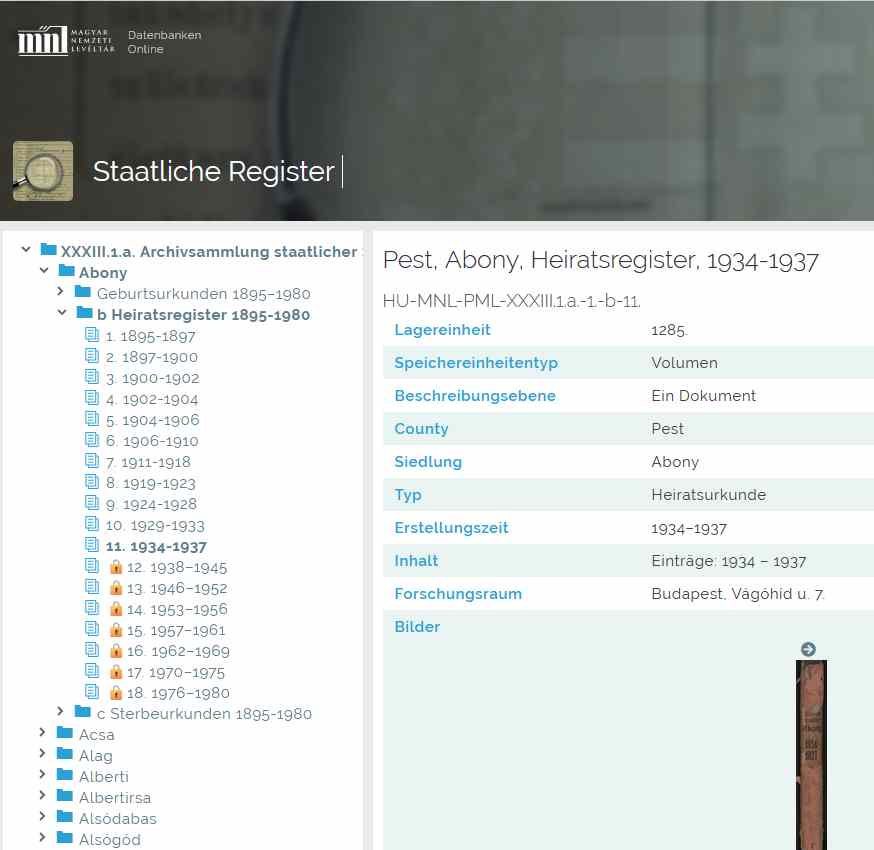 Ungarische Standesamtsregister auf der Website des Staatsarchivs