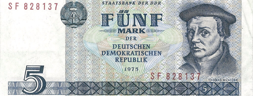 Fünk-Mark-Schein der DDR mit Thomas Müntzer