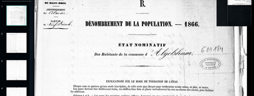 Titelseite der Volkszählung 1866 Algesheim Bez. Colmar