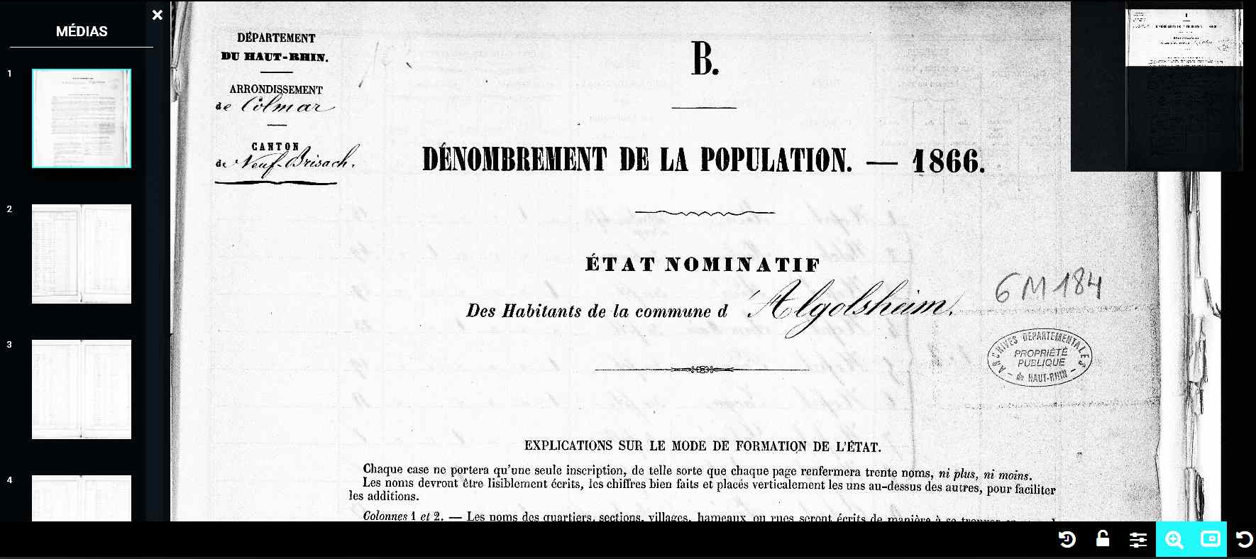 Titelseite der Volkszählung 1866 Algesheim Bez. Colmar
