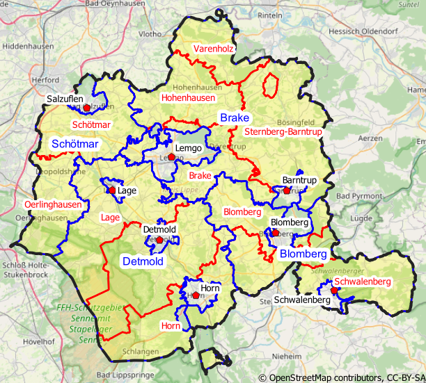 Karte des ehemaligen Fürstentum Lippe